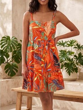 Beach Lunch Lounge Dress XS Tropical Palm Button Front Cotton Linen Sundress